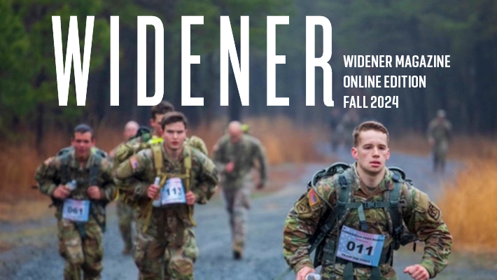 wu magazine fall 2024 710x400 A photo of U.S. Army members running through a foggy forest. The word Widener is written in white font.