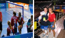 Two photos show Professor Dawn Gulick training athletes at the 2004 Olympics