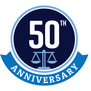 graphic celebrating 50 years of widener university delaware law school featuring a balance symbol