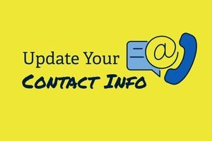 text reads update your contact info with a graphic of a message bubble, @ symbol and phone