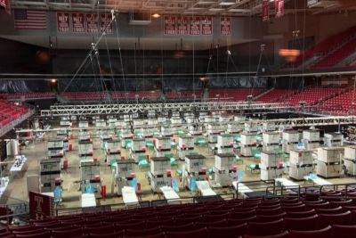 A photo of the patient beds assembled in the Liacouras Center as part of the COVID surge unit.