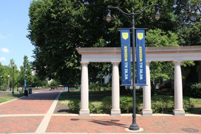 Campus shot showing We're All Widener flags
