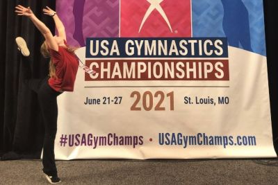 PT graduate Rachel Sine does a leap at the Olympic Trials in St. Louis