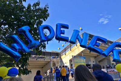 People walking into the stadium on Homecoming, passing beneath an an arch of blue balloons that spell "Widener"