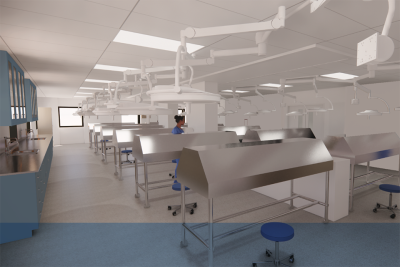 Artist rendering on an anatomy lab with rows of tables
