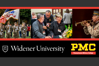 Widener University and PMC Pennsylvania Military College collage showing ROTC cadets, PMC alumni gathering, and a PMC alumni playing trumpet