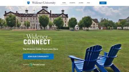 preview of WidenerCONNECT website displaying memorial field, old main building, two lawn chairs and text that reads WidenerCONNECT The Widener Inside Track Lives Here