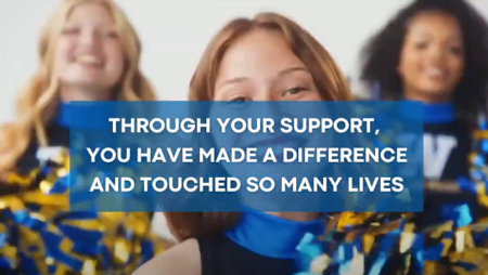 Widener cheerleaders with quote "Through your support, you have made a difference and touched many lives."