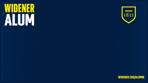 Widener Alum in top left corner on top blue background