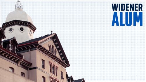 Old Main building with the words Widener Alum in the corner