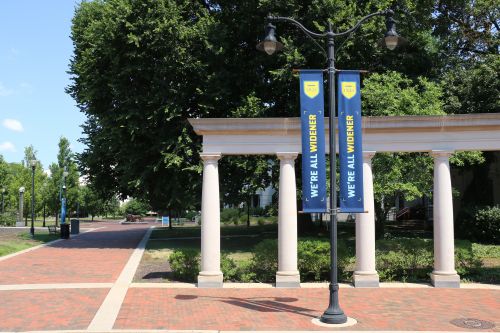 Campus shot showing We're All Widener flags