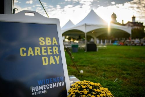 A welcome sign on Memorial Field reads SBA Career Day