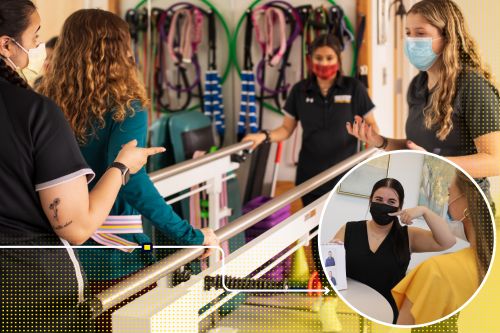 OT PT SLP magazine hero 960x640 A designed image includes images of occupational therapy, speech-language, and physical therapy students working the health clinic.