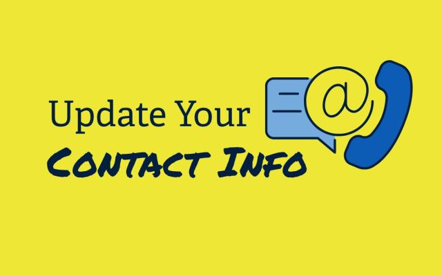 graphic reads Update Your Contact Info with icons for messaging, email, and phone