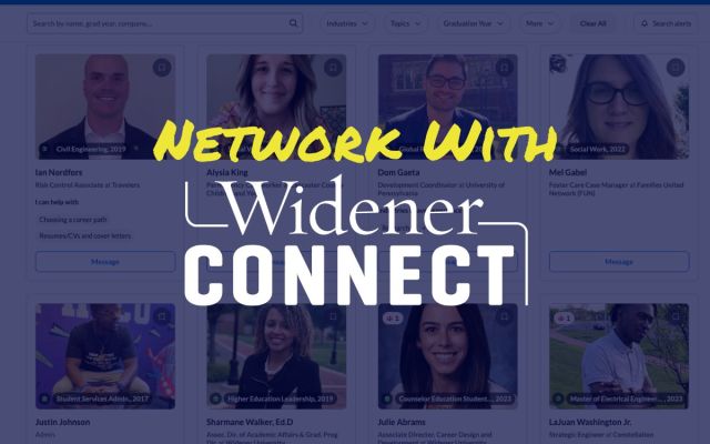 WidenerCONNECT graphic featuring alumni spotlights on platform