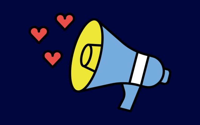 A navy blue background has a light blue and yellow megaphone with red hearts coming out of it.